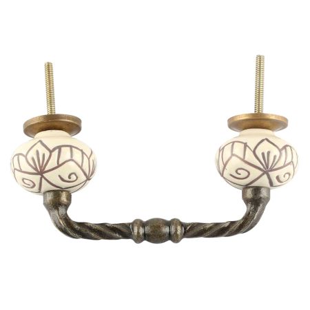 Cream Base Brown Etched Ceramic Floral Cut Bridge Handle